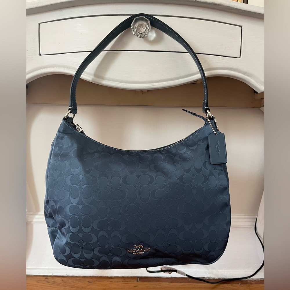 NWT Coach F73185 blue nylon and leather shoulder bag